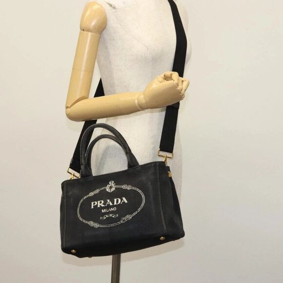 PRADA Canapa PM Hand Bag Canvas 2way Black Gold Auth - Picture 1 of 16